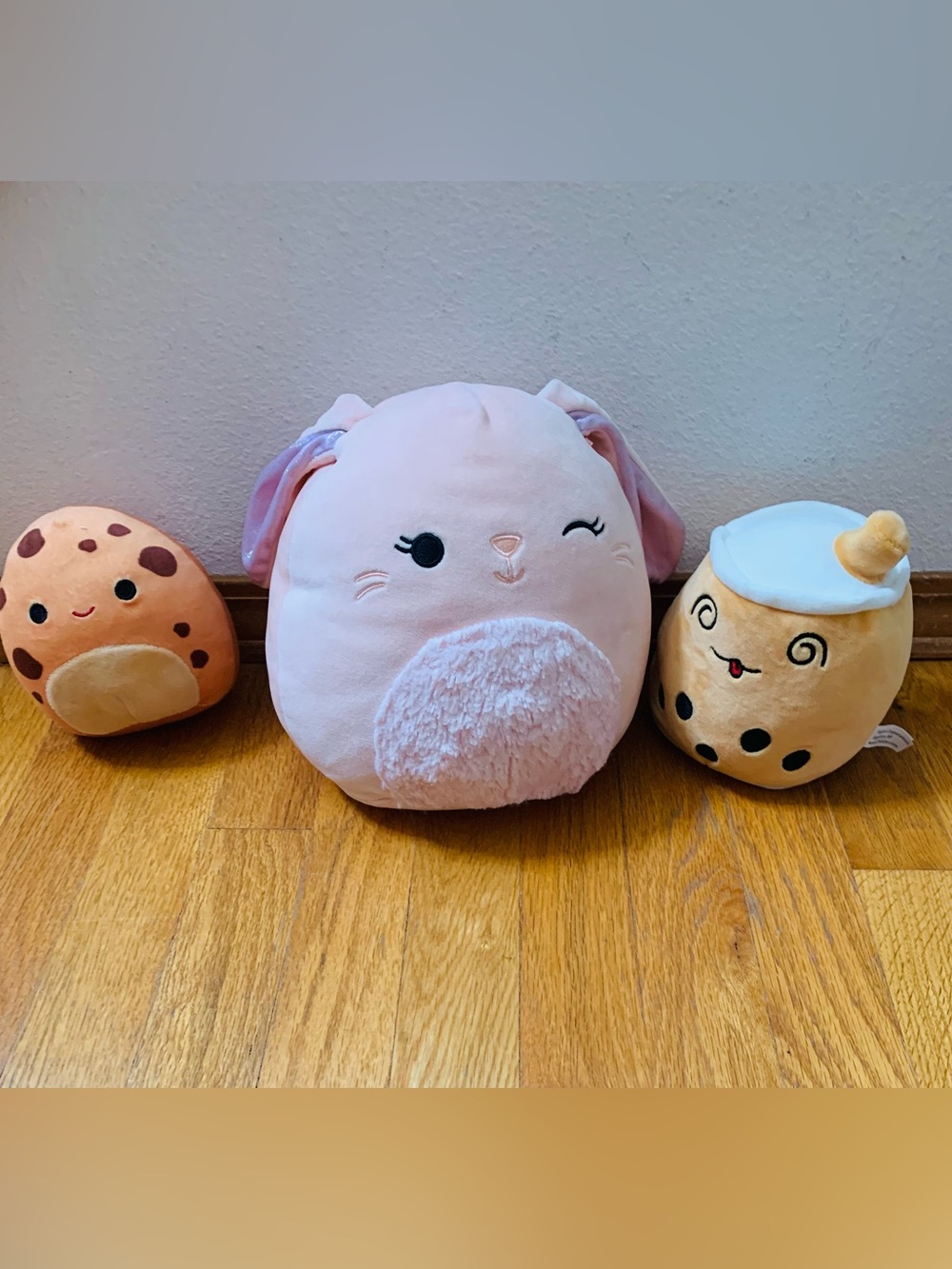 Squishmallow Lot of 3: Pink Bunny, Chocolate Chip Cookie, Boba Tea Plush Toys